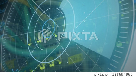 Image of scope scanning and data processing over cables in computer server in background Image of scope scanning and data processing over cables in computer server in background 128694960