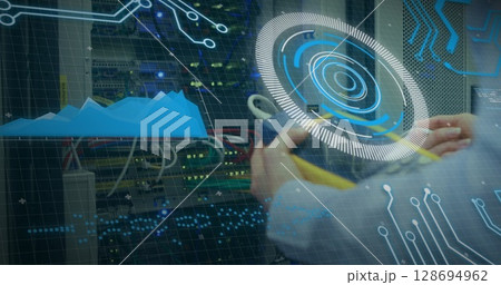 Image of scope scanning and data processing over computer server in background 128694962