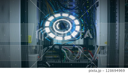 Image of scope scanning and data processing over cables in computer server in background 128694969