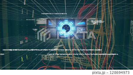 Image of scope scanning and data processing over cables in computer server in background 128694973