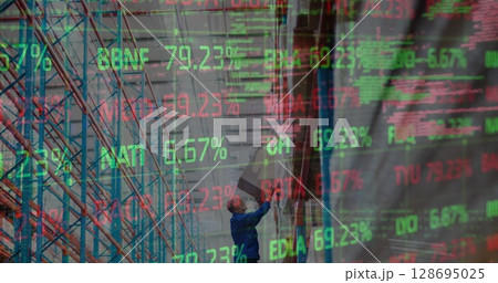 Image of financial data and graphs over caucasian male worker in warehouse Image of financial data and graphs over caucasian male worker in warehouse 128695025