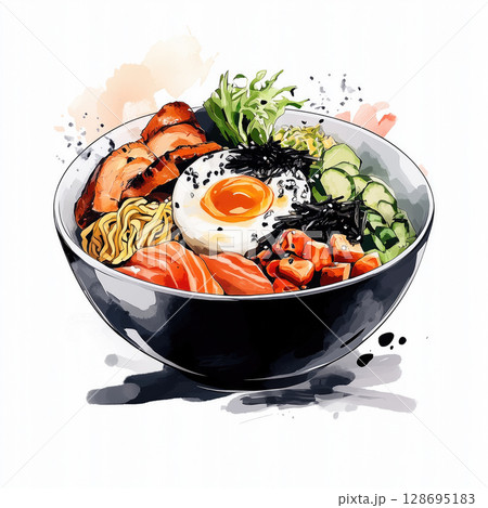 Delicious bowl of ramen with rich toppings 128695183