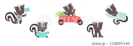 Cute Skunk Animal Character Engaged in Different Activity Vector Set 128695340