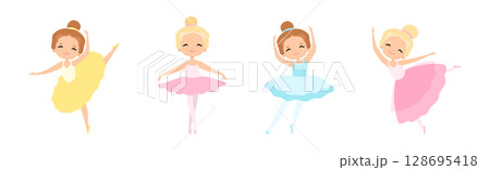 Lovely Little Ballerina in Tutu Skirt and Leotard Dancing and Training Vector Set 128695418