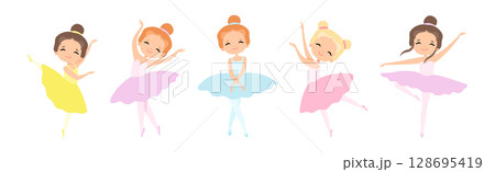 Lovely Little Ballerina in Tutu Skirt and Leotard Dancing and Training Vector Set 128695419