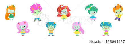 Tiny Troll Characters with Different Hair Color and Little Horns Vector Set 128695427
