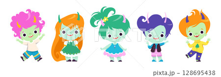 Tiny Troll Characters with Different Hair Color and Little Horns Vector Set 128695438