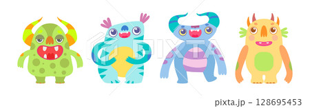 Cute Monster Character as Toothy Mutant with Funny Friendly Face Vector Set 128695453
