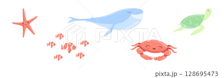 Funny Sea Animals and Ocean Swimming Creature Vector Set 128695473