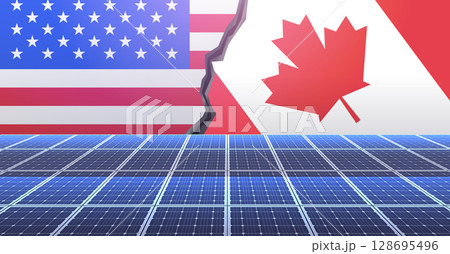 USA Canada trade war concept with solar panels foreground and split flags background in a dramatic scene banner design 128695496