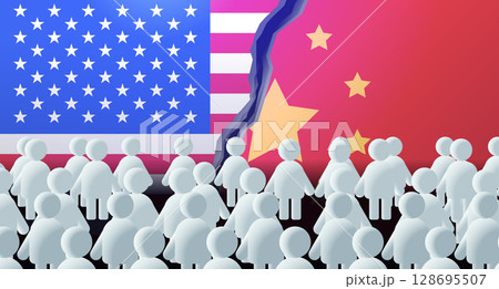 Trade war concept USA China flags torn background abstract crowd divided symbolic conflict graphic design template 128695507