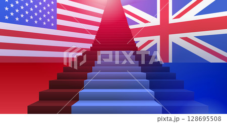 Trade war concept stairs flags USA UK. Stairs ascending with USA and UK flags in background symbolizing trade negotiation or conflict. Bright red and blue color scheme 128695508