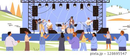 Outdoor concert stage live music band performing audience enjoying event festival landscape flat people characters modern entertainment 128695547