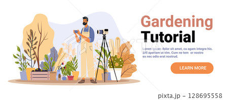 Gardening tutorial man filming plants outdoor camera tripod foliage modern flat website banner 128695558
