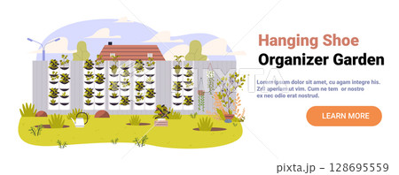Hanging shoe organizer vertical garden backyard plants growing on fence with house trees and gardening tools outdoor landscape website banner 128695559