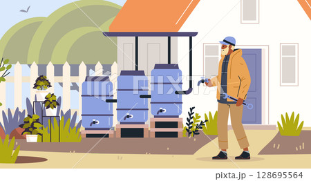 Rainwater harvesting system installation man working barrels tools outdoor garden home sustainable environment landscape flat design Rainwater harvesting system installation man working barrels tools outdoor garden home sustainable environment landscape flat design 128695564