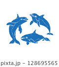 Vector hand drawn illustration of dolphins blue filling without stroke. Sketch detailed engraving style 128695565