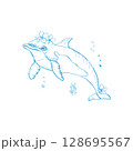 Dolphin handdrawn vector composition with flowers blue ink 128695567