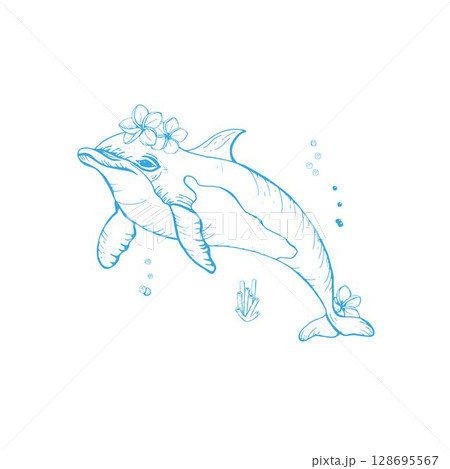 Dolphin handdrawn vector composition with flowers blue ink 128695567
