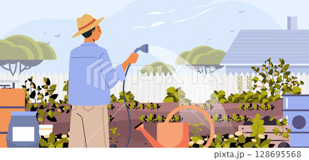 Man gardening backyard plants watering hose outdoor nature trees fence house blue sky landscape garden tools flat website banner 128695568