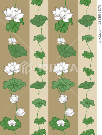 A seamless pattern features white lotus flowers with green leaves and vines, arranged vertically on a background of alternating light and dark beige stripes. The design has a classic, elegant,peaceful A seamless pattern features white lotus flowers with green leaves and vines, arranged vertically on a background of alternating light and dark beige stripes. The design has a classic, elegant,peaceful 128695879