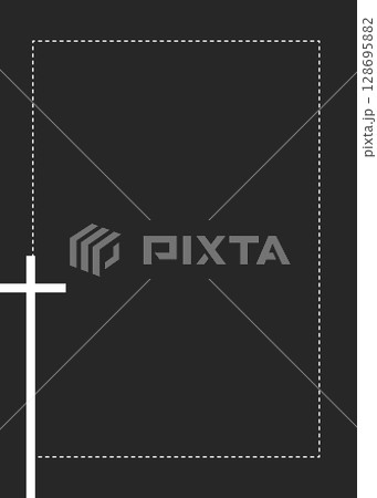 A dark gray background features a white dashed rectangular border and a bold white cross in the bottom left corner. This minimalist design is suitable for solemn or commemorative purposes. A dark gray background features a white dashed rectangular border and a bold white cross in the bottom left corner. This minimalist design is suitable for solemn or commemorative purposes. 128695882