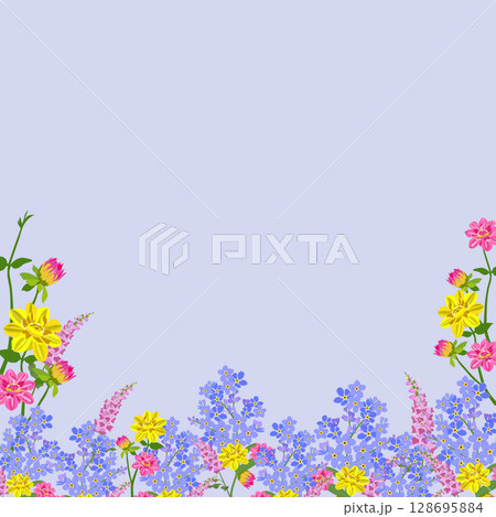Botanical border of various colorful flowers along the bottom edge on a light blue background with ample copy space. cheerful vibe,Ideal for greeting cards,invitations,spring-themed designs. Botanical border of various colorful flowers along the bottom edge on a light blue background with ample copy space. cheerful vibe,Ideal for greeting cards,invitations,spring-themed designs. 128695884