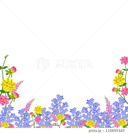 Botanical border of various colorful flowers along the bottom edge on a light blue background with ample copy space. cheerful vibe,Ideal for greeting cards,invitations,spring-themed designs. Botanical border of various colorful flowers along the bottom edge on a light blue background with ample copy space. cheerful vibe,Ideal for greeting cards,invitations,spring-themed designs. 128695885