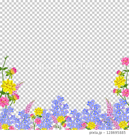 Botanical border of various colorful flowers along the bottom edge on a light blue background with ample copy space. cheerful vibe,Ideal for greeting cards,invitations,spring-themed designs. Botanical border of various colorful flowers along the bottom edge on a light blue background with ample copy space. cheerful vibe,Ideal for greeting cards,invitations,spring-themed designs. 128695885