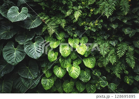 Lush green foliage with large leaves and ferns. Vibrant natural wall for indoor decor. Perfect for tropical garden or home design. 128695895