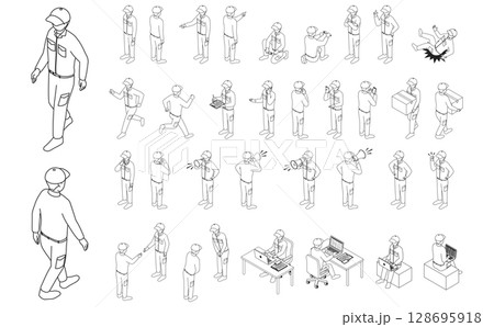アイソメトリックイラスト:作業員セットアウトライン男性(モノクロ) アイソメトリックイラスト:作業員セットアウトライン男性(モノクロ) 128695918