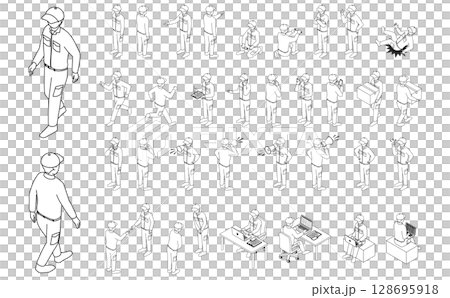 アイソメトリックイラスト:作業員セットアウトライン男性(モノクロ) アイソメトリックイラスト:作業員セットアウトライン男性(モノクロ) 128695918