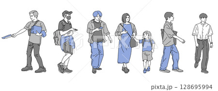 街の人々の線画イラストセット 128695994