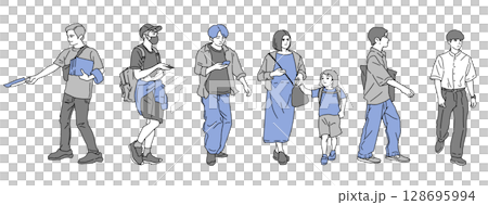 街の人々の線画イラストセット 128695994