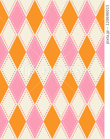 A seamless geometric argyle pattern of orange,pink, and off-white diamonds,vibrant and playful design for textile,fashion,decorative background,fabric patterns,gift wrapping paper,greeting card 128696015