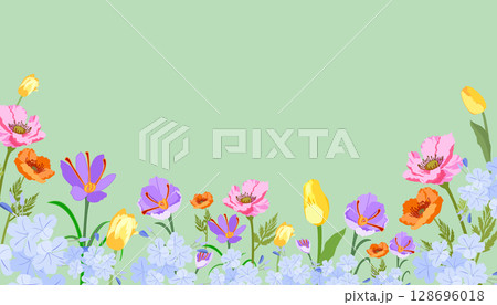 Vintage flower banner with colorful flowers including poppies,cosmos,crocuses,tulips along the bottom edge with light green background,copy space Ideal for greeting cards,invitations,spring-themed Vintage flower banner with colorful flowers including poppies,cosmos,crocuses,tulips along the bottom edge with light green background,copy space Ideal for greeting cards,invitations,spring-themed 128696018