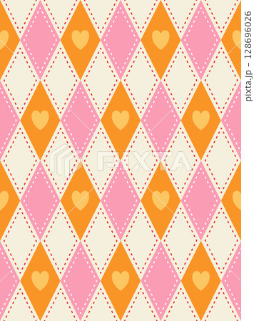 Colorful vintage Argyle geometric pattern of orange,pink,off-white diamonds,heart. playful and cute design for background,fabric patterns,gift wrapping paper,greeting card,Valentine's Day themes. 128696026