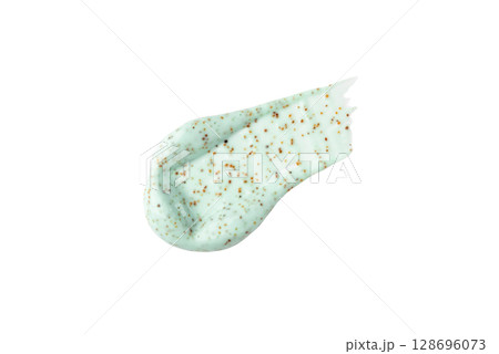 A sample of a blue body scrub with particles on a white background. A sample of a blue body scrub with particles on a white background. 128696073
