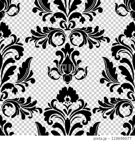 Seamless damask pattern wallpaper Baroque style. Elegant vector background. Black floral ornament. Graphic pattern for fabric,carpet,wallpaper,packaging. Ornate Damask flower ornament. Seamless damask pattern wallpaper Baroque style. Elegant vector background. Black floral ornament. Graphic pattern for fabric,carpet,wallpaper,packaging. Ornate Damask flower ornament. 128696077