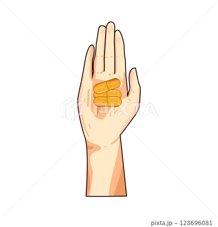 illustration of hand holding capsules illustration of hand holding capsules 128696081