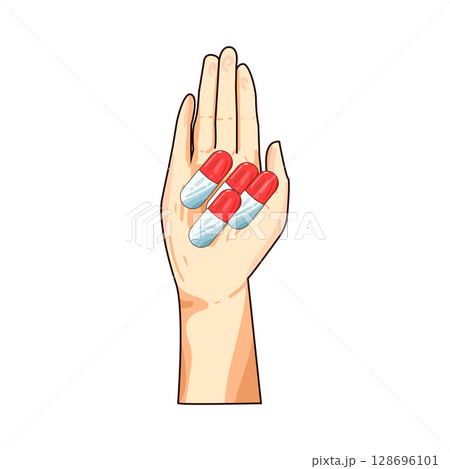 illustration of hand holding capsules illustration of hand holding capsules 128696101