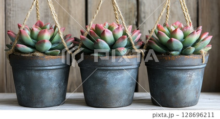 Neat rows of potted succulents in pastel ceramic containers, ideal for brightening up home shelves or office desks. 128696211