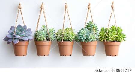 Group of ceramic potted succulents with pebbles, blending natural greenery with minimalistic home decor aesthetics. 128696212