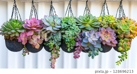 Compact collection of succulent plants in geometric hanging pots, adding freshness and creative style to interior decor. 128696213