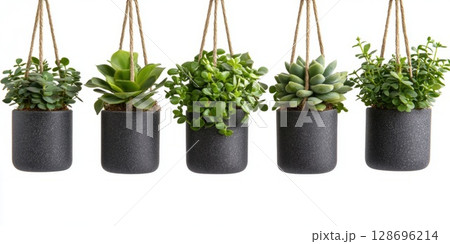 Cluster of low-maintenance succulents in white pots, providing simple beauty and green vibes for your living or workspace. 128696214