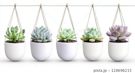 Set of glass terrariums with mixed succulents in macrame hangers, making eye-catching decor for boho chic or urban homes. 128696215