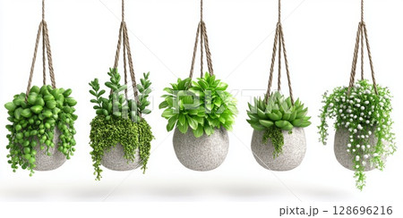Mixed succulent arrangements in clay and ceramic pots, bringing a pop of greenery to any shelf, windowsill, or work desk. 128696216