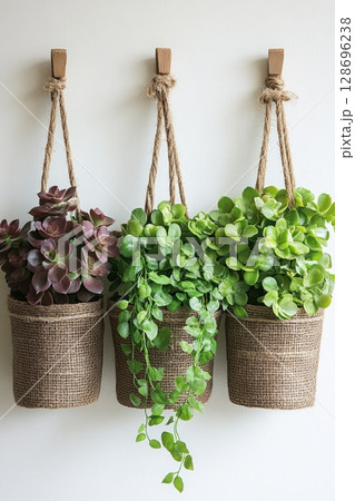 Rustic ceramic planters with mixed succulents, illustrating the beauty of combining earthy textures with lush foliage. Rustic ceramic planters with mixed succulents, illustrating the beauty of combining earthy textures with lush foliage. 128696238