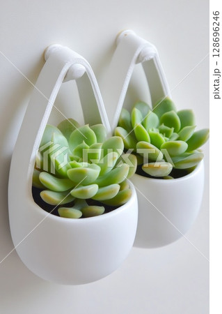 Pair of geometric white hanging planters with succulent plants, perfect for adding lively organic accents to interiors. 128696246