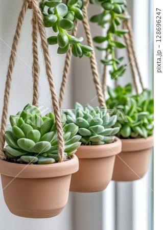 Four clustered brown pots with leafy succulents, suited for earthy contemporary decor in home, office, or outdoor spaces. 128696247